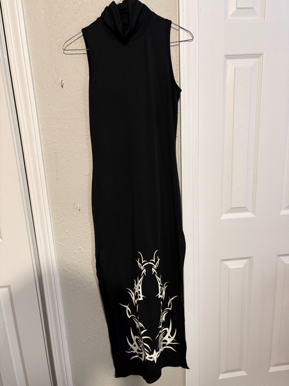 Sleeveless Black Asymmetrical Maxi Dress with White Tribal Accent